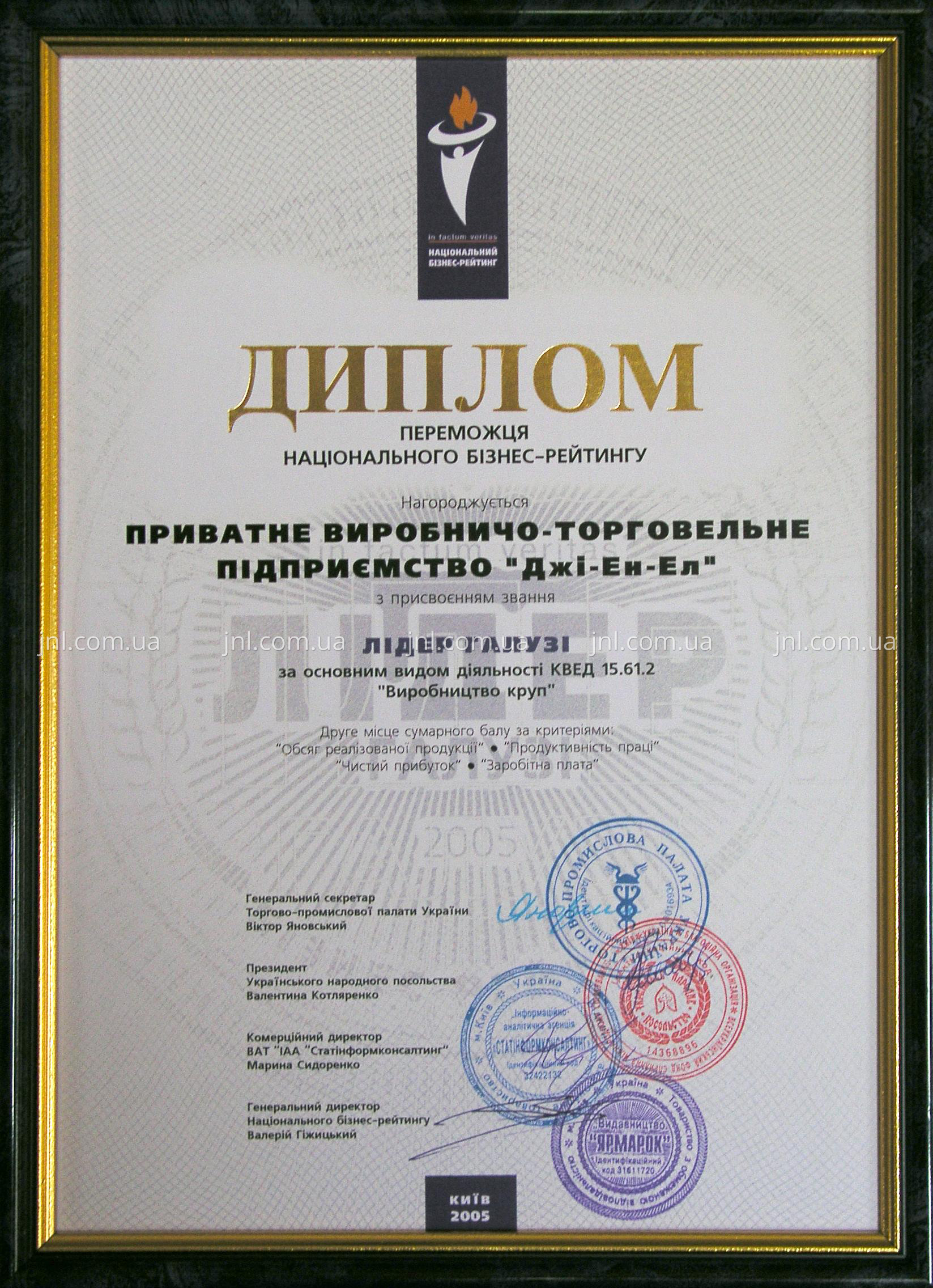 Диплом победителя национального бизнес-рейтинга «Лидер отрасли-2005»